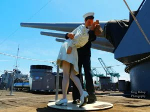 Battleship IOWA VJ Day kiss statue
