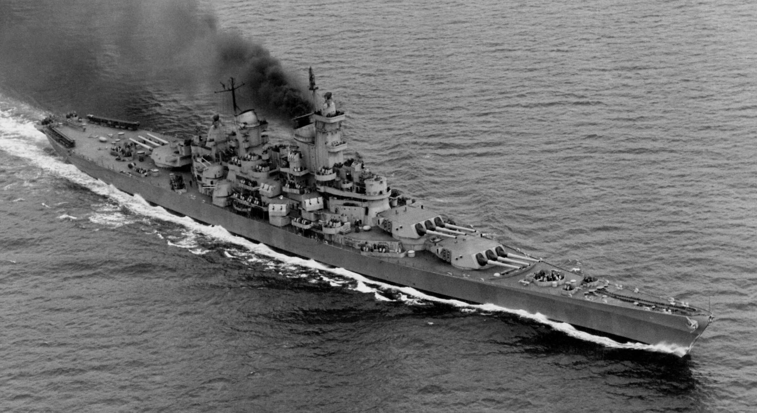 USS Iowa sailing on sea trials in WWII