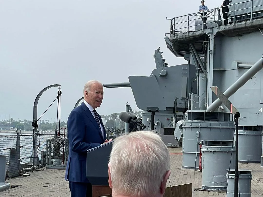 Biden aboard Iowa giving a speech